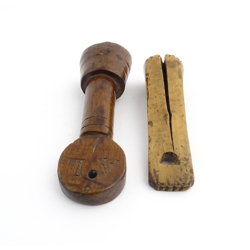 1182 - Treen : Two late 19th / early 20thC carved butter stamps, both decorated with initials, one dated 19... 