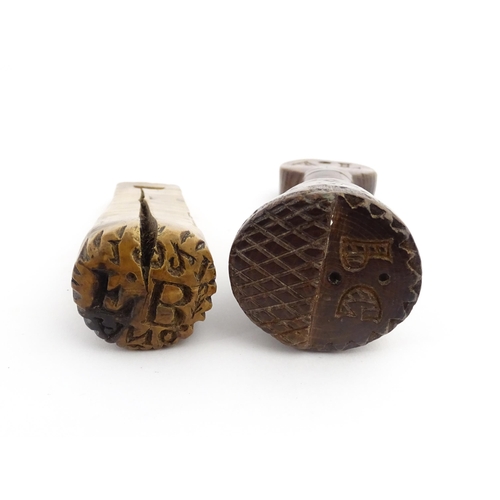 1182 - Treen : Two late 19th / early 20thC carved butter stamps, both decorated with initials, one dated 19... 