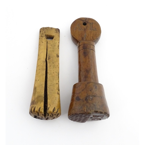 1182 - Treen : Two late 19th / early 20thC carved butter stamps, both decorated with initials, one dated 19... 