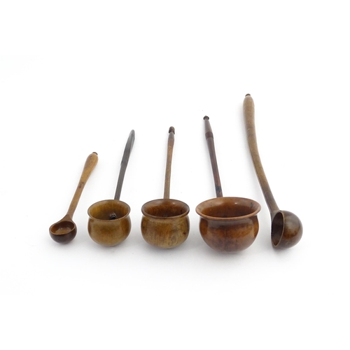 1188 - Treen : Five assorted treen cordial spoons / ladles, etc. Largest approx. 10