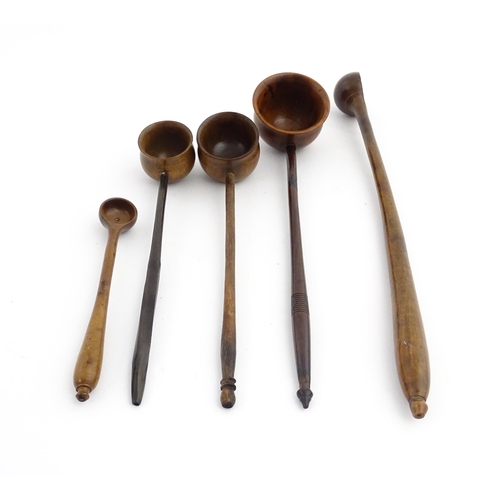 1188 - Treen : Five assorted treen cordial spoons / ladles, etc. Largest approx. 10