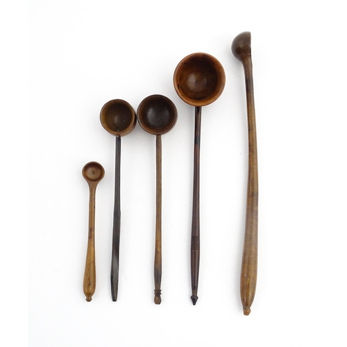 1188 - Treen : Five assorted treen cordial spoons / ladles, etc. Largest approx. 10