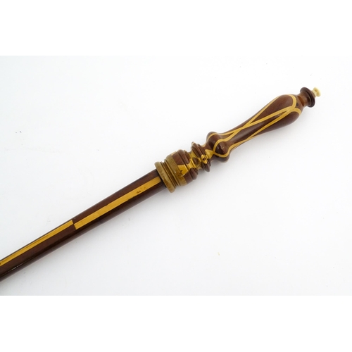 1193 - Treen : A late 18th / early 19thC mahogany ell rule / measuring stick with turned handle and parquet... 