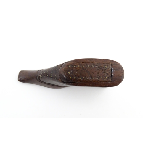 1208 - Treen : A 19thC shoe snuff box with sliding top and inlaid brass detail. Approx. 3