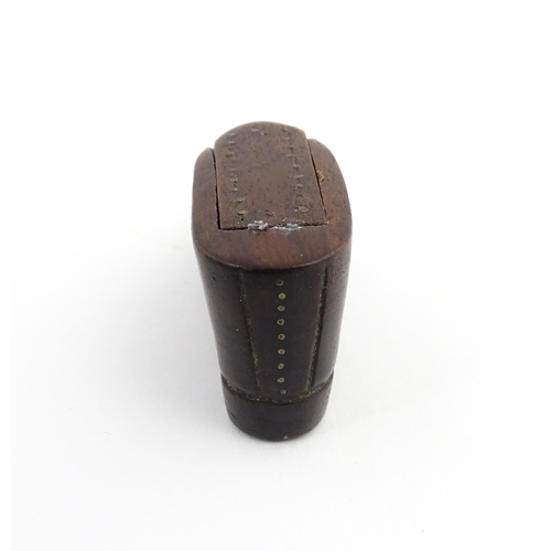 1208 - Treen : A 19thC shoe snuff box with sliding top and inlaid brass detail. Approx. 3