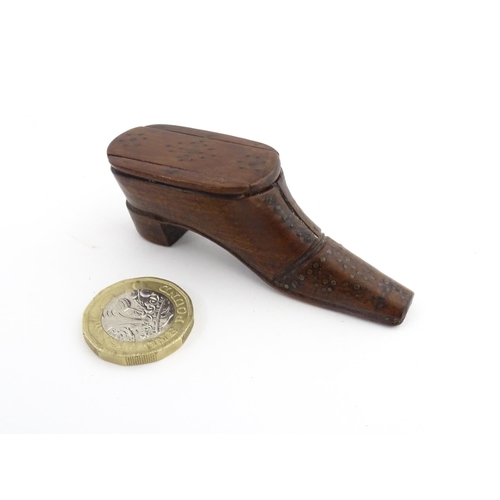 1209 - Treen : A 19thC shoe snuff box with sliding top and inlaid brass detail. Approx. 2 3/4