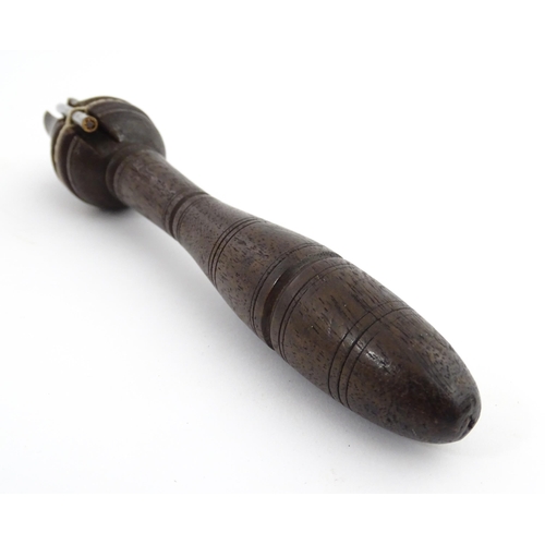 1213 - Treen : A 19thC teacher's clicker / clicket / snapper, with banded detail. Approx. 7 1/2