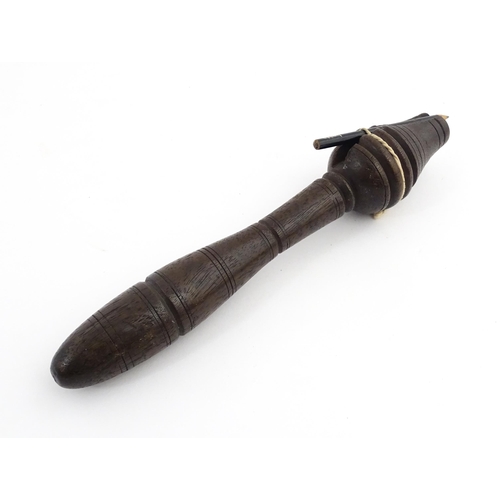 1213 - Treen : A 19thC teacher's clicker / clicket / snapper, with banded detail. Approx. 7 1/2