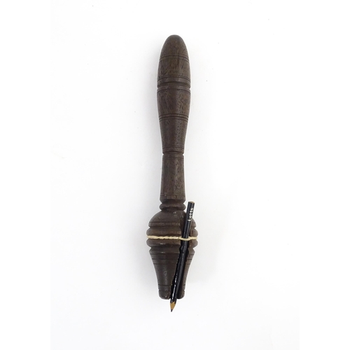 1213 - Treen : A 19thC teacher's clicker / clicket / snapper, with banded detail. Approx. 7 1/2