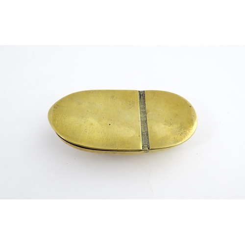 1217 - Two 19thC brass snuff / tobacco boxes of oval form, one engraved Thomas Oldham. Together with an ear... 