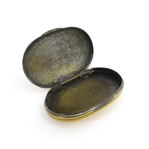 1217 - Two 19thC brass snuff / tobacco boxes of oval form, one engraved Thomas Oldham. Together with an ear... 