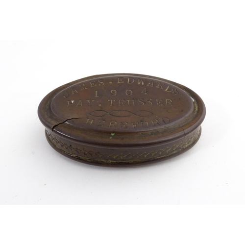 1217 - Two 19thC brass snuff / tobacco boxes of oval form, one engraved Thomas Oldham. Together with an ear... 