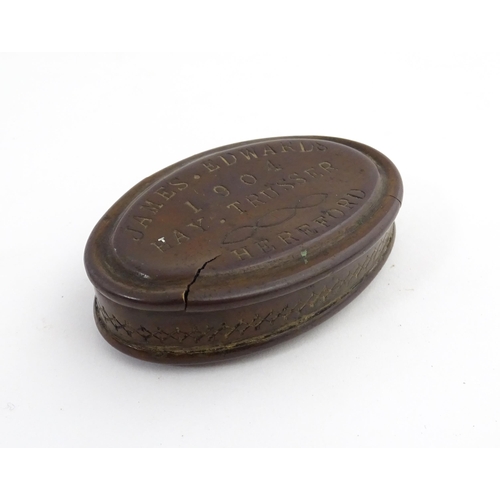 1217 - Two 19thC brass snuff / tobacco boxes of oval form, one engraved Thomas Oldham. Together with an ear... 