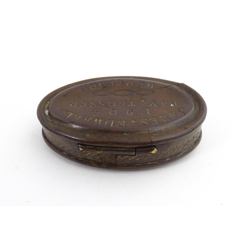 1217 - Two 19thC brass snuff / tobacco boxes of oval form, one engraved Thomas Oldham. Together with an ear... 