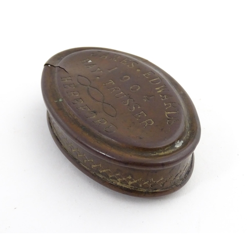 1217 - Two 19thC brass snuff / tobacco boxes of oval form, one engraved Thomas Oldham. Together with an ear... 