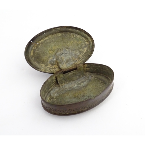 1217 - Two 19thC brass snuff / tobacco boxes of oval form, one engraved Thomas Oldham. Together with an ear... 