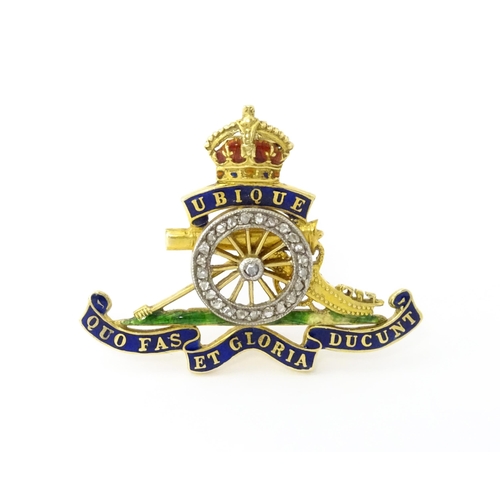 623 - An 18ct gold sweetheart brooch with enamel decoration set with diamonds, formed as the regimental in... 