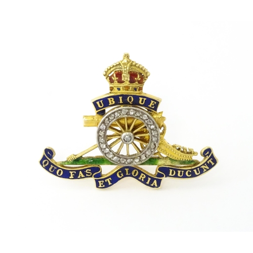 623 - An 18ct gold sweetheart brooch with enamel decoration set with diamonds, formed as the regimental in... 