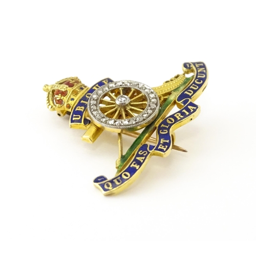 623 - An 18ct gold sweetheart brooch with enamel decoration set with diamonds, formed as the regimental in... 