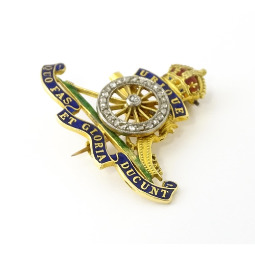 623 - An 18ct gold sweetheart brooch with enamel decoration set with diamonds, formed as the regimental in... 