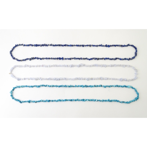 643 - Three hardstone necklaces to include turquoise, lapis lazuli and blue lace agate. Approx. 34