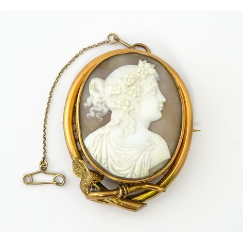 655 - A shell carved cameo brooch in a gilt metal mount. Approx. 2 1/2