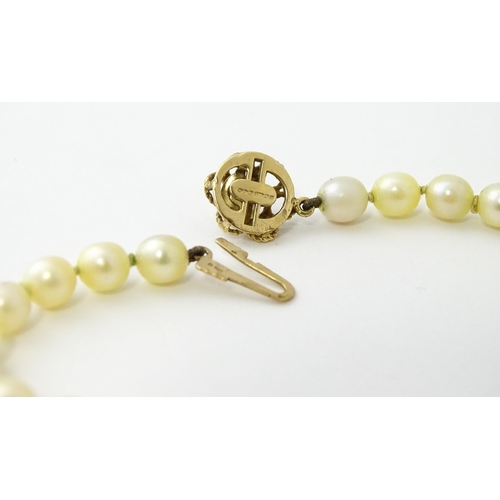 658 - A pearl necklace with a 9ct gold clasp. Approx. 15