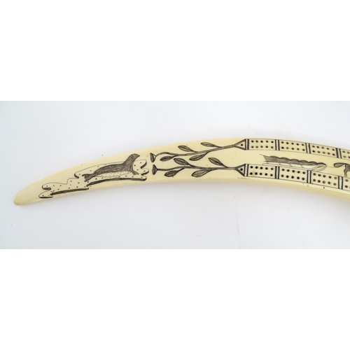 1227 - An Inuit walrus tusk cribbage board with scrimshaw decoration depicting walrus, sled, fish, birds, f... 