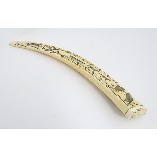 1227 - An Inuit walrus tusk cribbage board with scrimshaw decoration depicting walrus, sled, fish, birds, f... 