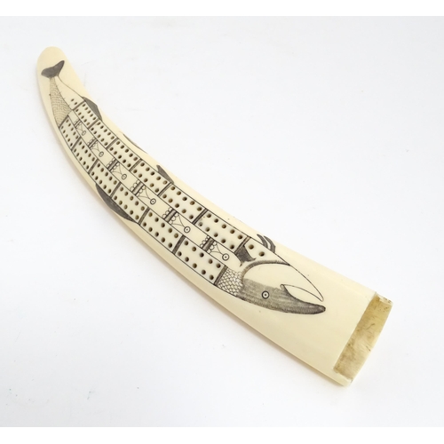 1228 - An Inuit walrus tusk cribbage board with scrimshaw decoration depicting walrus, polar bead, fish, et... 