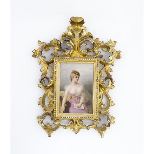 1230 - A 19thC Berlin KPM style porcelain plaque depicting a portrait of a seated lady wearing a pink dress... 