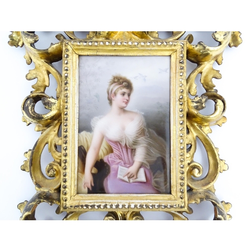 1230 - A 19thC Berlin KPM style porcelain plaque depicting a portrait of a seated lady wearing a pink dress... 