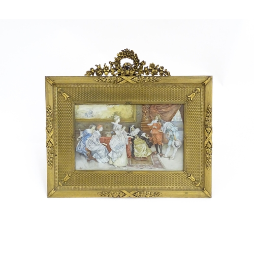 1231 - A 19thC Sevres style hand painted porcelain plaque depicting a court scene with noble ladies meeting... 