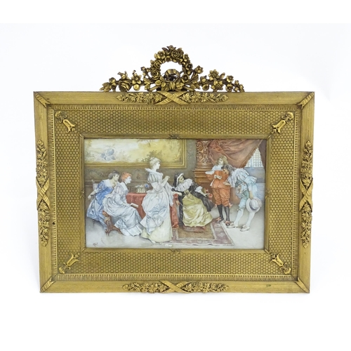 1231 - A 19thC Sevres style hand painted porcelain plaque depicting a court scene with noble ladies meeting... 