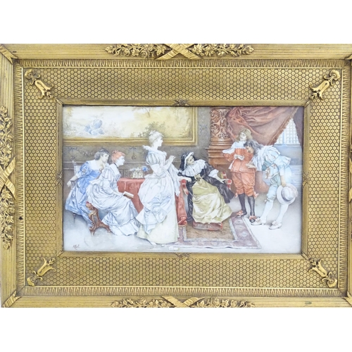 1231 - A 19thC Sevres style hand painted porcelain plaque depicting a court scene with noble ladies meeting... 