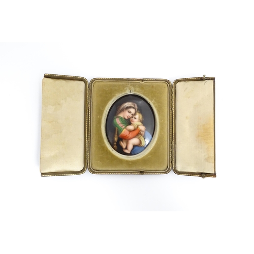 1232 - A 20thC Continental portrait miniature on porcelain of oval form depicting mother and child / Madonn... 