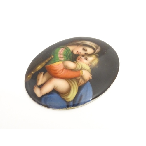 1232 - A 20thC Continental portrait miniature on porcelain of oval form depicting mother and child / Madonn... 