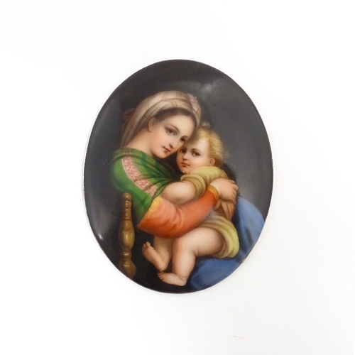 1232 - A 20thC Continental portrait miniature on porcelain of oval form depicting mother and child / Madonn... 