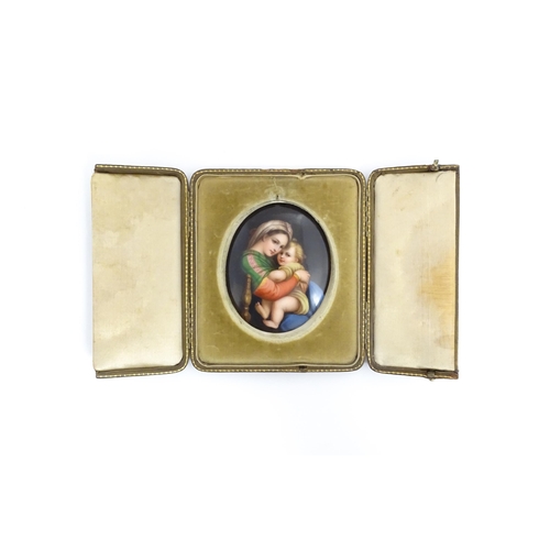 1232 - A 20thC Continental portrait miniature on porcelain of oval form depicting mother and child / Madonn... 