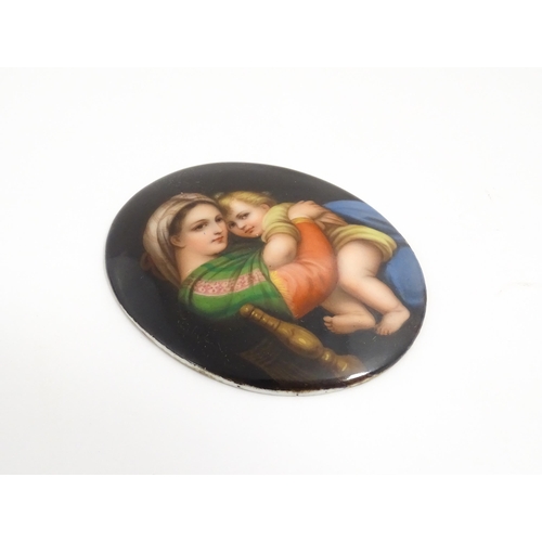 1232 - A 20thC Continental portrait miniature on porcelain of oval form depicting mother and child / Madonn... 