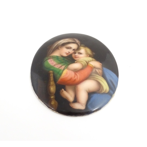 1232 - A 20thC Continental portrait miniature on porcelain of oval form depicting mother and child / Madonn... 