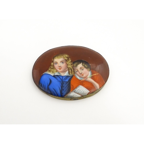 1233 - A 19thC porcelain plaque of oval form with hand painted detail depicting a young boy writing with a ... 