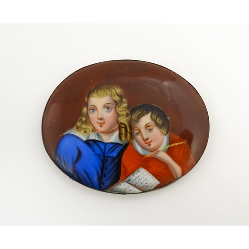 1233 - A 19thC porcelain plaque of oval form with hand painted detail depicting a young boy writing with a ... 