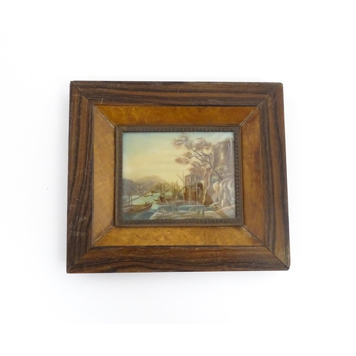 1238 - An early 20thC watercolour miniature depicting a medieval port with boats moored near coastal fortre... 