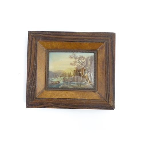 1238 - An early 20thC watercolour miniature depicting a medieval port with boats moored near coastal fortre... 