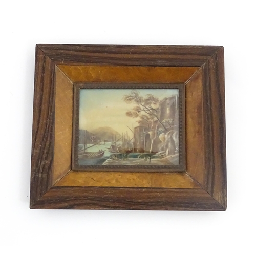 1238 - An early 20thC watercolour miniature depicting a medieval port with boats moored near coastal fortre... 