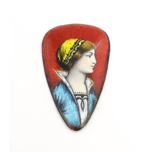 1241 - An early 20thC French Limoges cabochon of shaped form depicting a Classical Maiden, signed Issanchou... 