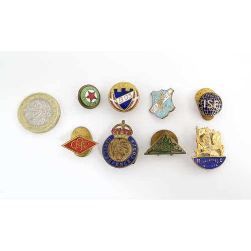 1243 - A quantity assorted mid 20thC pins, badges, etc to include a Civil Defence Corps lapel badge with en... 