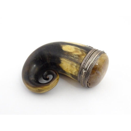 1254 - A 19thC Scottish rams horn snuff mull with white metal mounts, thistle detail and set with agate har... 