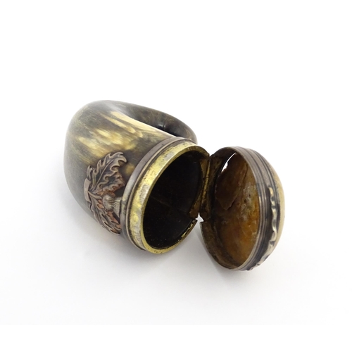 1254 - A 19thC Scottish rams horn snuff mull with white metal mounts, thistle detail and set with agate har... 